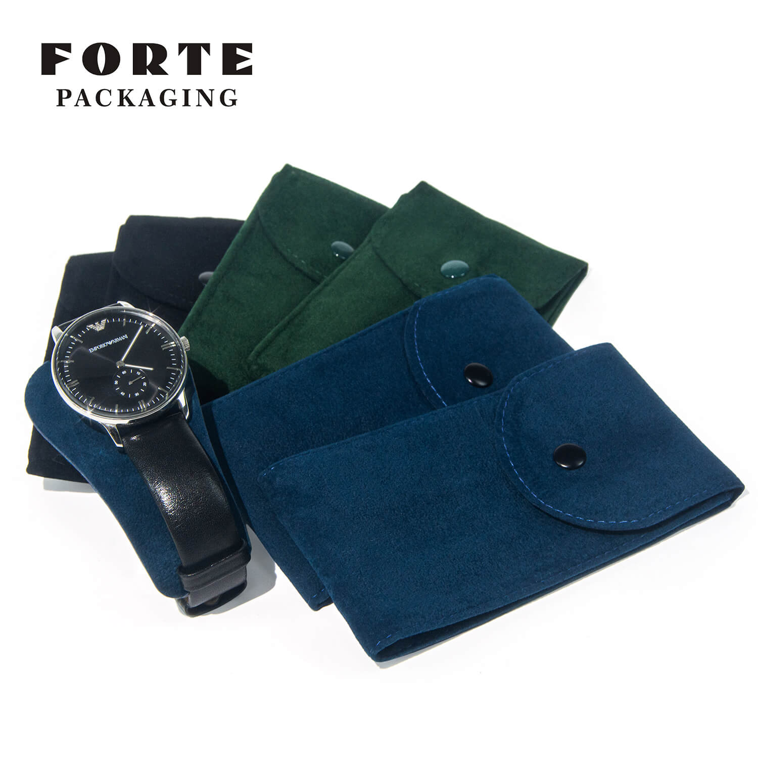 FORTE Wholesale schwarzer Umschlagtyp Uhrenarmband Samt Schmuckbeutel Tasche Schnappschnalle grün marineblau individuelle Uhrenarmbandtaschen mit Logo