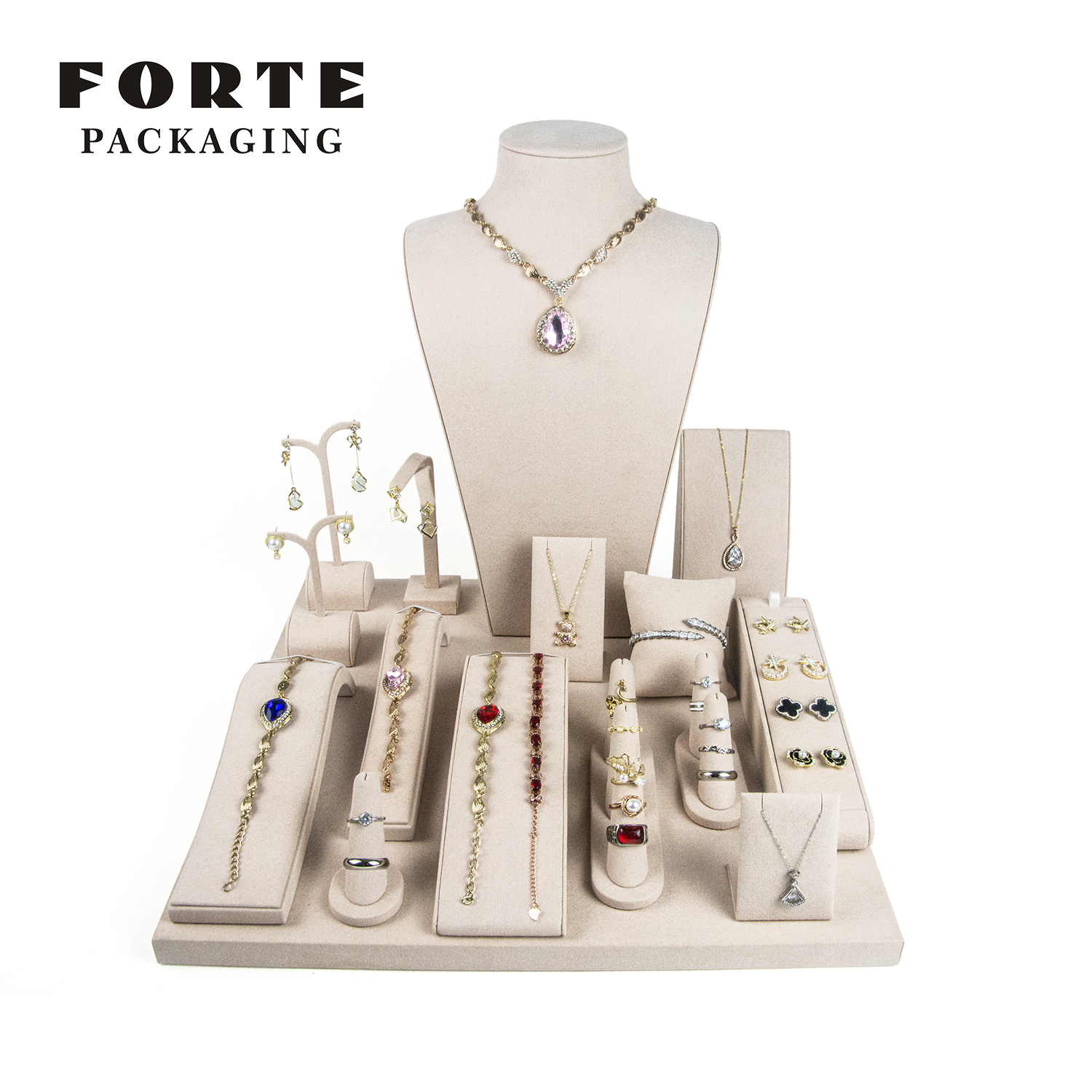 FORTE Neuestes Luxus-Mikrofaser-Schmuck-Display-Requisiten-Set mit Halskette und Büste