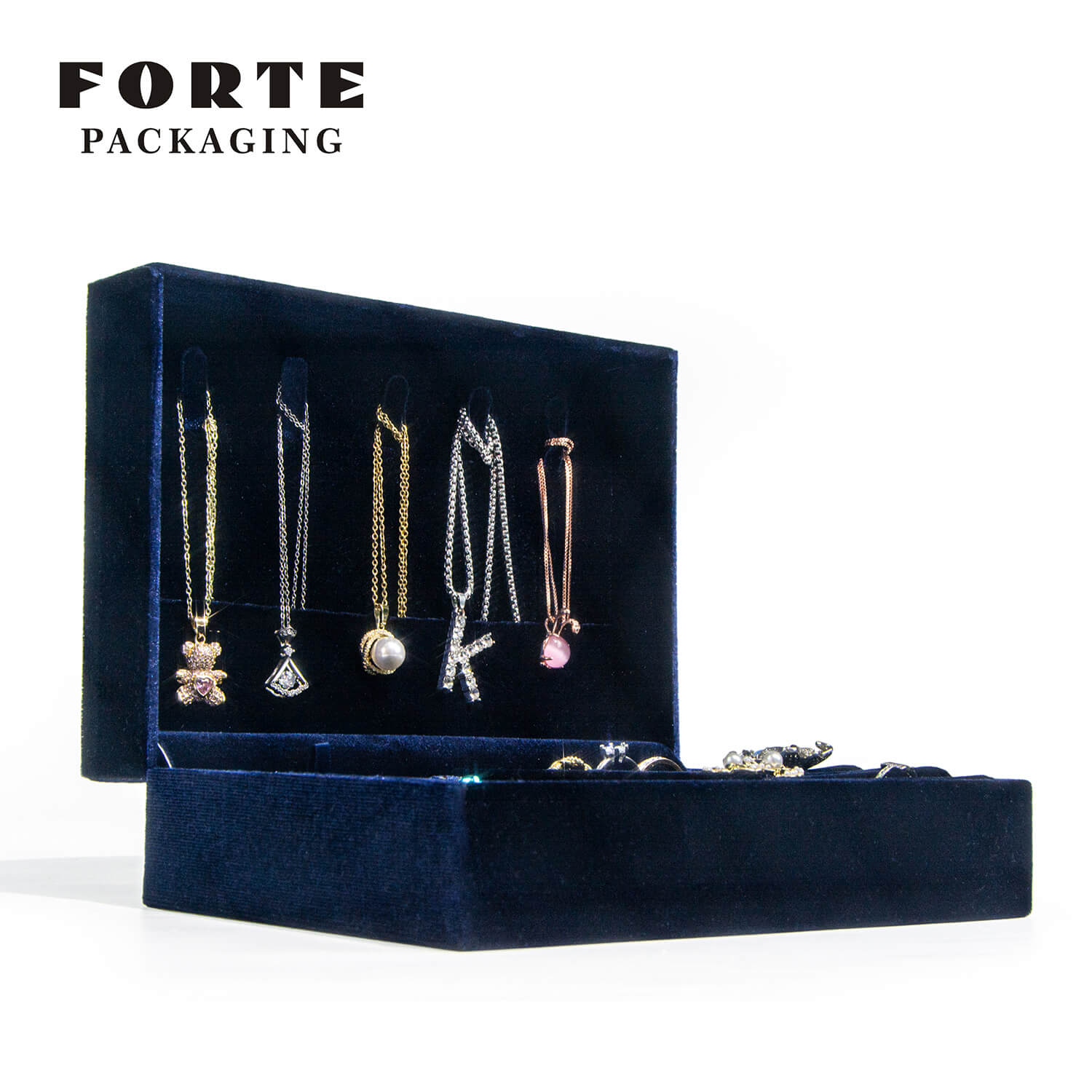 FORTE Vintage marineblauer Samt-Schmuckhalter, tragbarer Ring-Ohrring-Schmuck-Display-Aufbewahrungskoffer, Anhänger-Organizer
