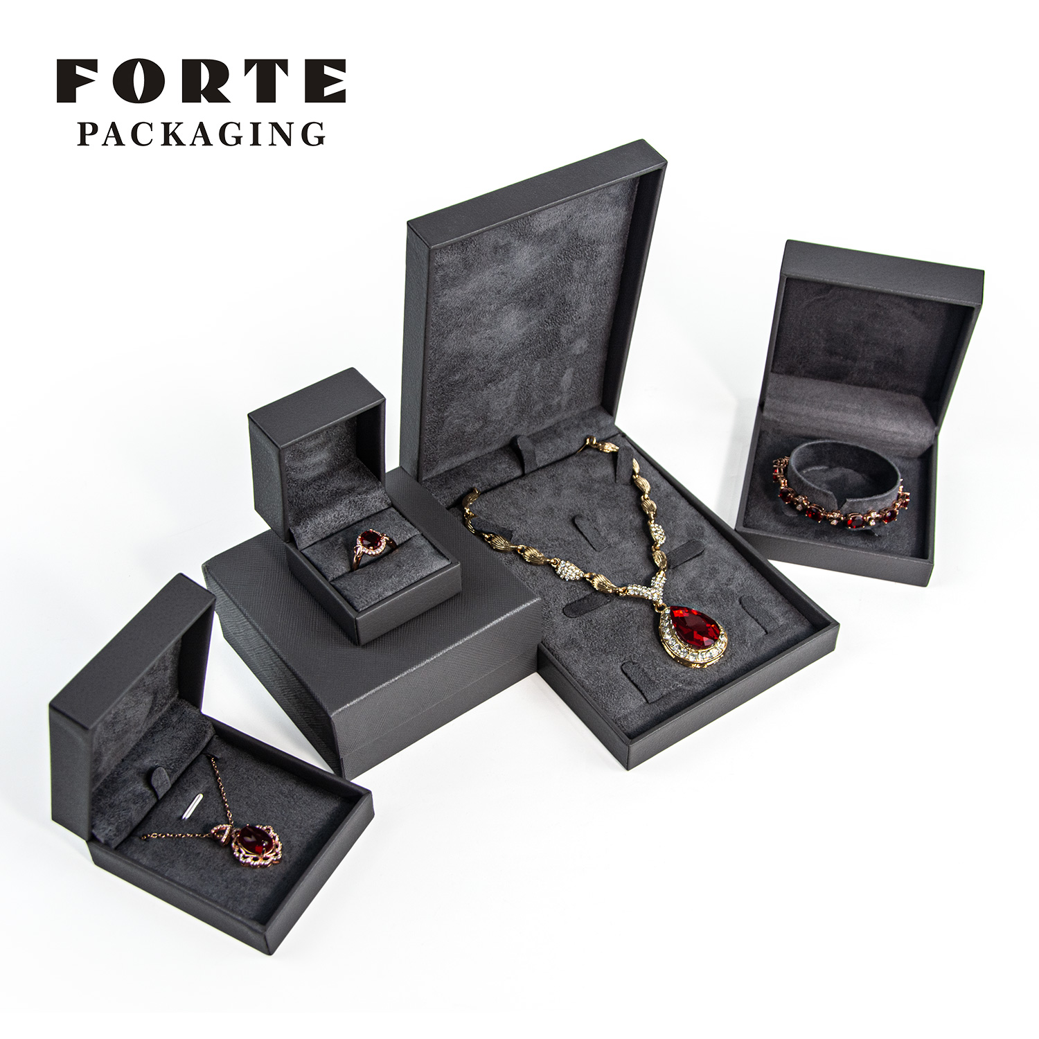 FORTE Luxuriöse individuelle graue Ring-Anhänger-Halsketten-Armreif-Armband-Schmuckverpackungsbox aus Kunstlederpapier 